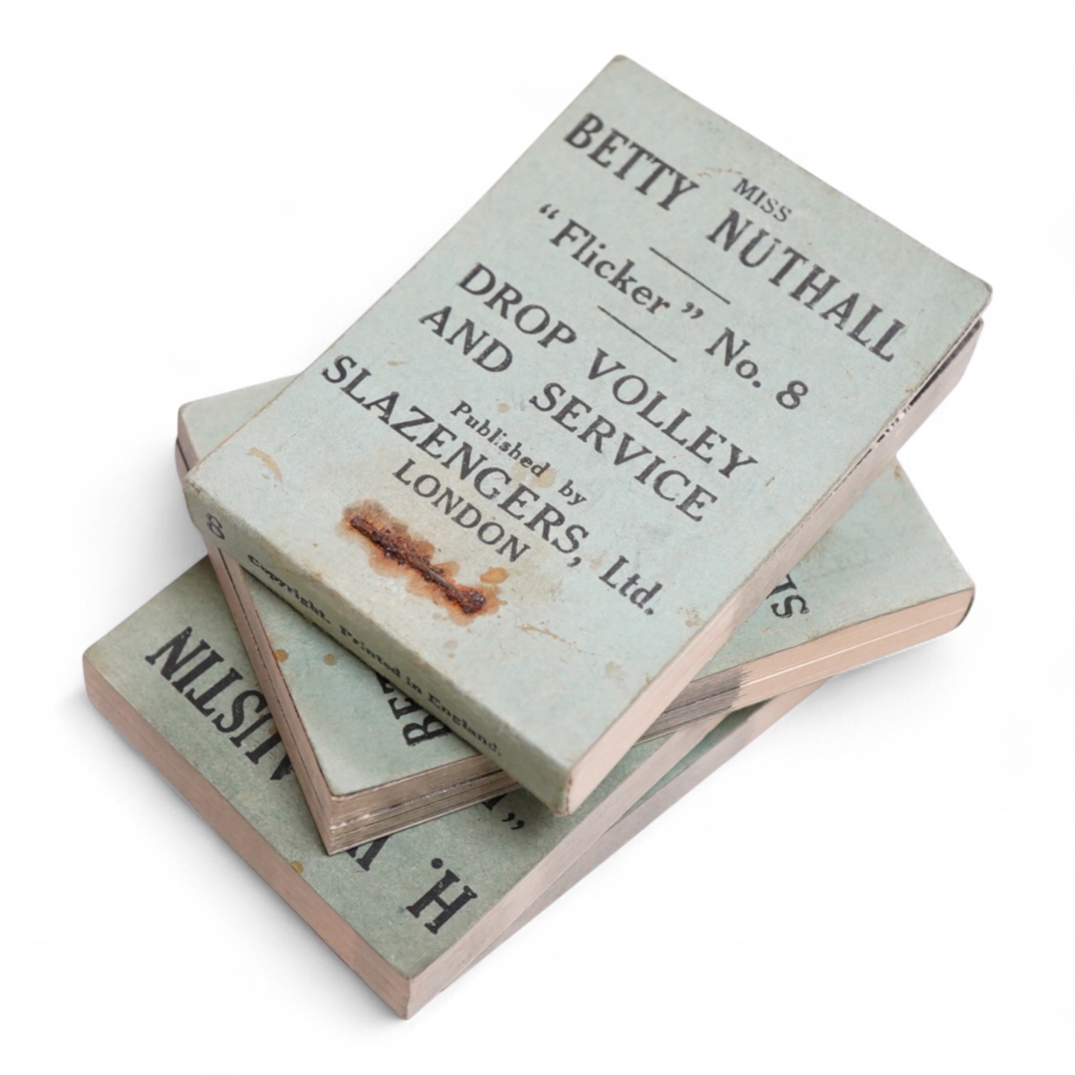 Four 1920s Slazengers tennis ‘flicker’ books, depicting H&W Austin service and smash and forehand and backhand drives and Miss Betty Nuthall forehand and backhand drives and drop volley and service, 7-10 in the set.